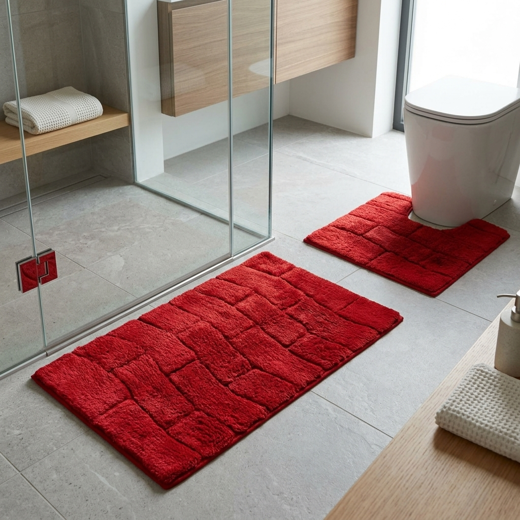 Red cotton wave texture bath mat and pedestal mat set styled in modern grey tile bathroom next to walk-in shower and toilet showing both mats in situ Emma Barclay Waves design