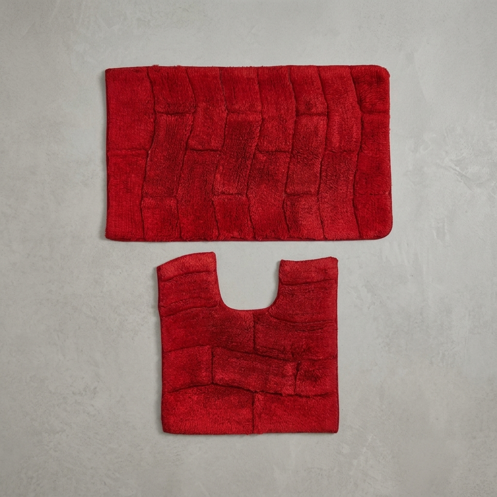 Red 100% cotton wave texture bath mat and pedestal mat 2-piece set flat lay overhead view showing raised block texture pattern bath mat 50x80cm and pedestal mat 50x50cm Emma Barclay Waves design