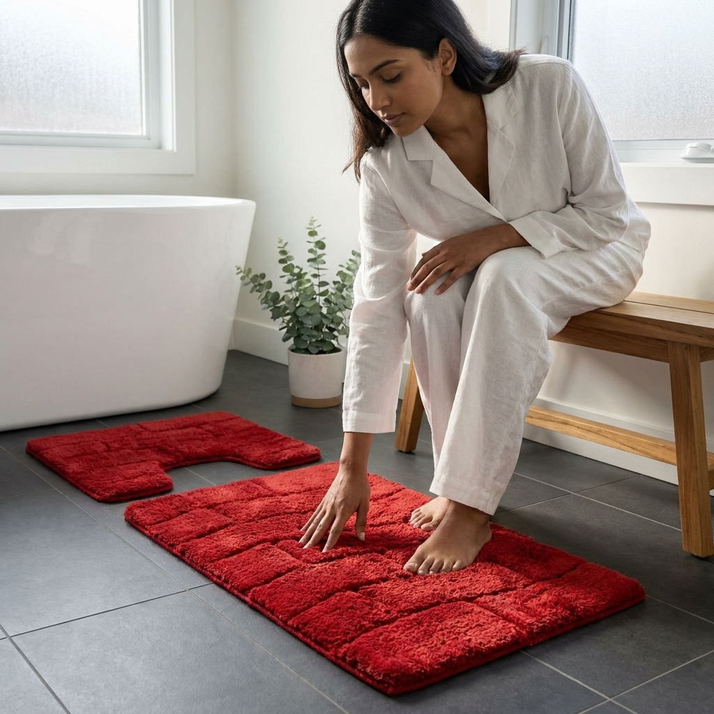 Woman in white linen touching red cotton wave texture bath mat and pedestal mat set on dark tile bathroom floor with freestanding bath and eucalyptus plant Emma Barclay Waves design