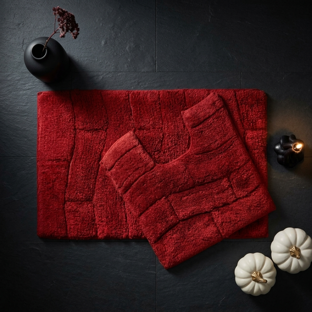 Red cotton wave texture bath mat and pedestal mat set on dark black slate background with black ceramic vase and white pumpkins moody editorial styling showing raised block pile texture Emma Barclay Waves design