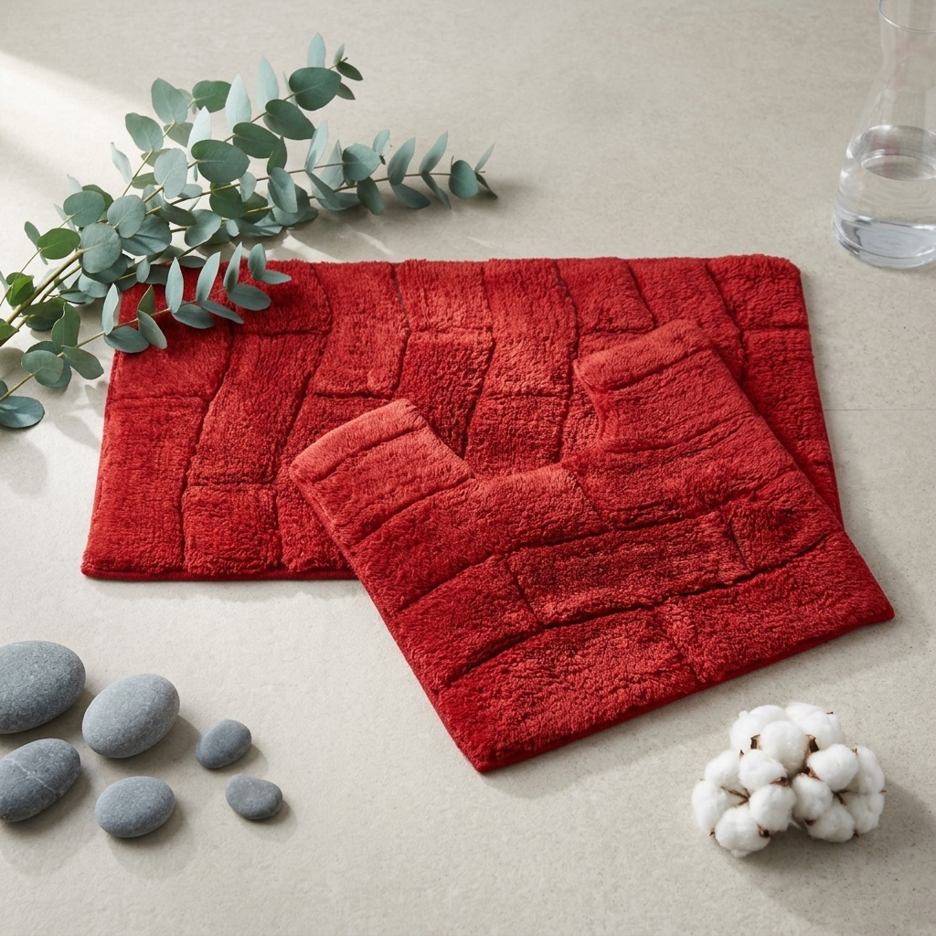 Red cotton wave texture bath mat and pedestal mat set styled flat lay with eucalyptus leaves pebbles and cotton boll showing rich red colour and raised block texture 2-piece set Emma Barclay Waves design