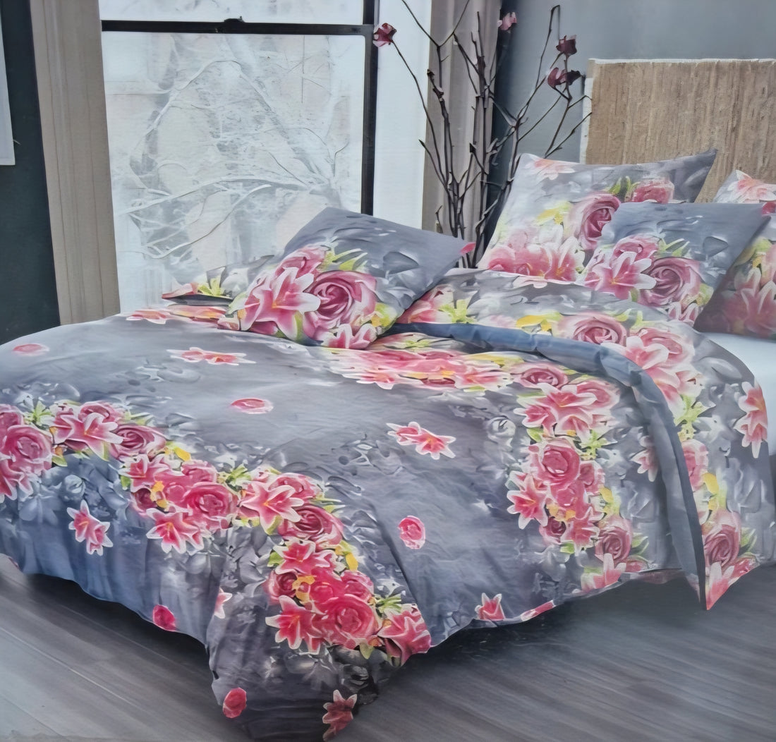 Cotton King Rose Lily King Duvet Cover Set | Grey Pink Floral | Kumperi