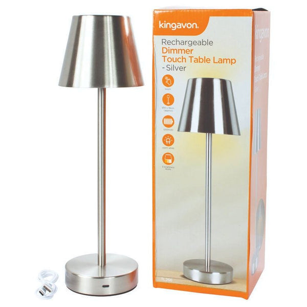 Kingavon Rechargeable Dimmer Touch Table Lamp - Silver | 3 Brightness Levels, Kumperi