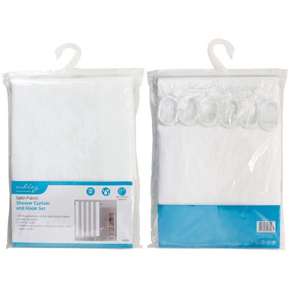 Ashley Housewares White Satin Shower Curtain Set | 180x180cm | 12 Hooks | Kumperi