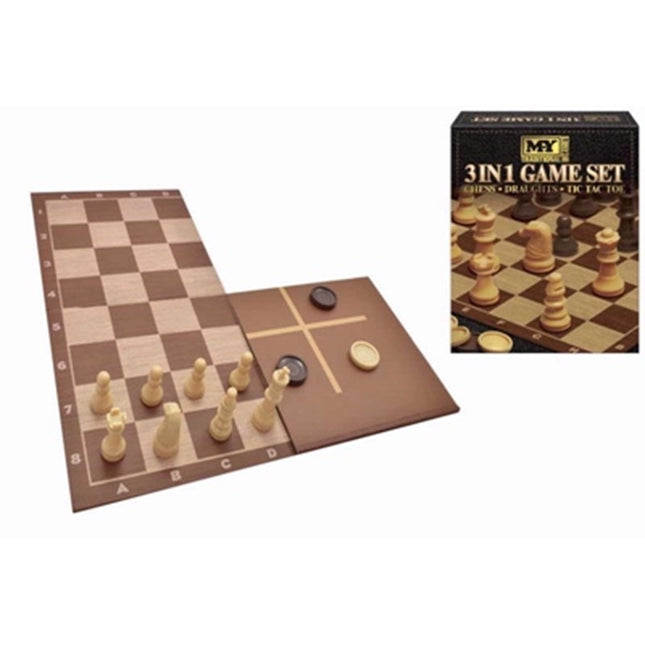 MY Traditional Games 3 in 1 Game Set Chess Draughts Tic Tac Toe 32 Chess Pieces 24 Draughts Double Sided Board | Kumperi