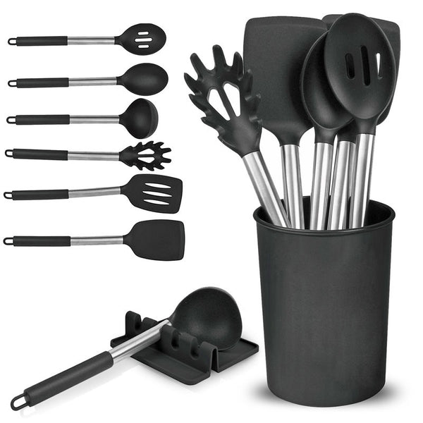 TOP3 8‑Piece Silicone Kitchen Utensils Set with Stainless Steel Handles, Storage Bucket & Utensil Rest | Kumperi