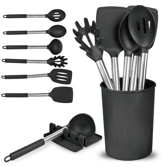 TOP3 8‑Piece Silicone Kitchen Utensils Set with Stainless Steel Handles, Storage Bucket & Utensil Rest | Kumperi