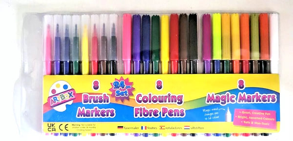 Art Box 24 Piece Set 8 Brush Markers 8 Colouring Fibre Pens 8 Magic Markers Creative Art Supplies | Kumperi