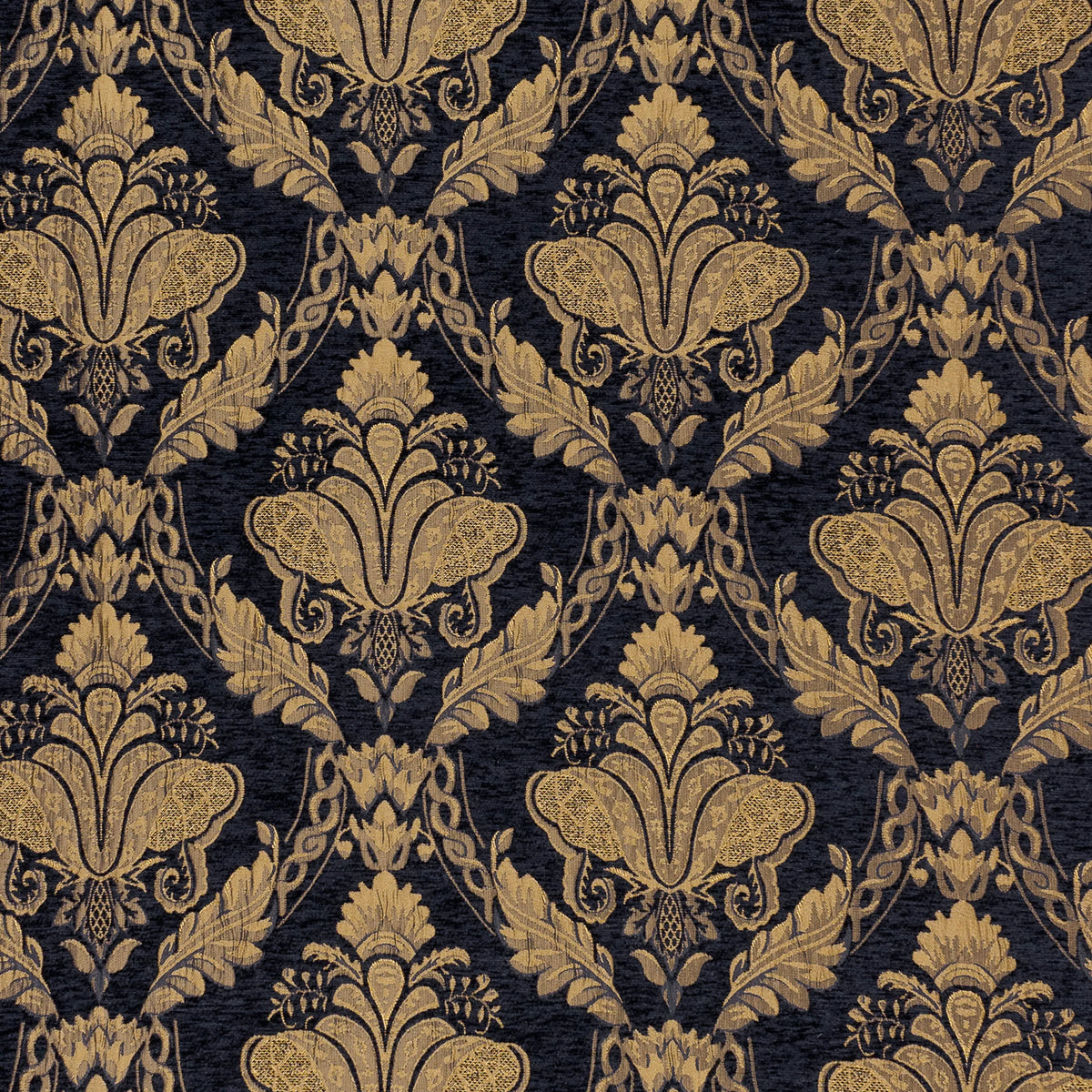 Flat close-up view of the full jacquard damask repeat pattern showing golden floral and scroll motifs on a black ground – Kumperi