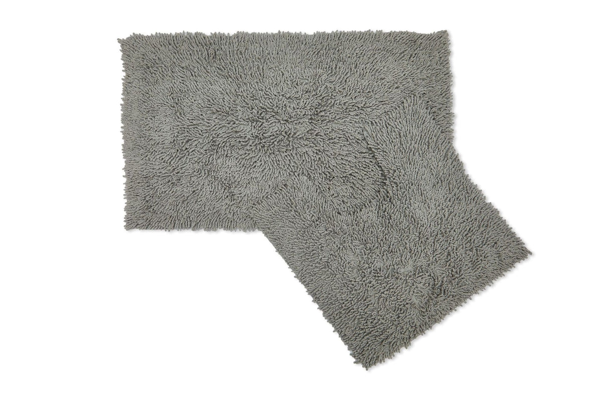 Silver 100% cotton high pile loop twist bath mat and pedestal mat fanned at angle on white background showing dense twisted loop shaggy pile texture across both pieces 2-piece set bath mat 50x80cm pedestal mat 50x50cm machine washable Emma Barclay Classics Collection