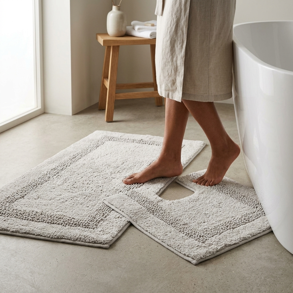 Woman in beige robe stepping barefoot between silver Brillare cotton bath mat and pedestal mat beside a freestanding tub showing sparkle border trim Emma Barclay Panache Home