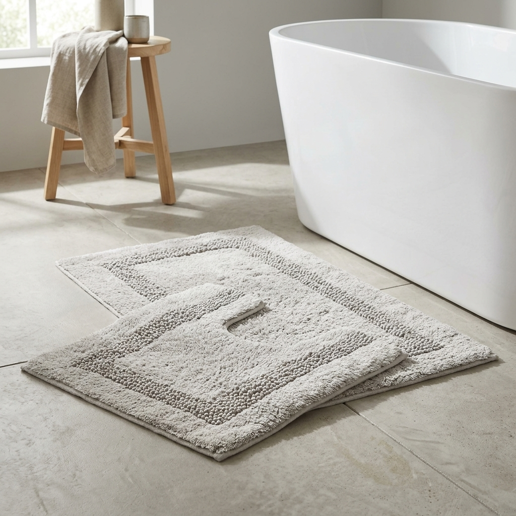 Silver Brillare cotton bath mat and pedestal mat styled on a concrete-effect bathroom floor beside a freestanding white bathtub and wooden stool showing sparkle border trim 2-piece set Emma Barclay Panache Home