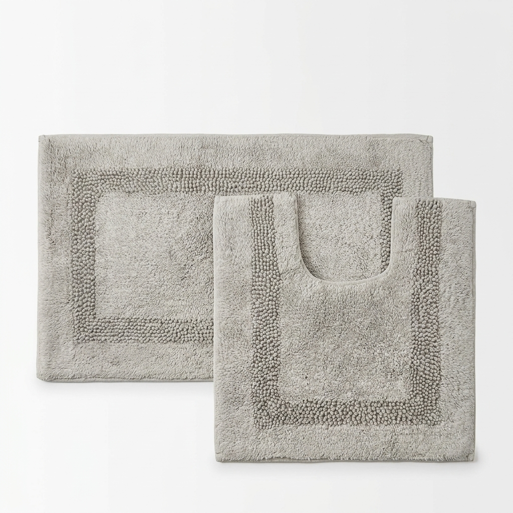 Silver Brillare cotton bath mat and pedestal mat overlapping on a white studio background from an alternate angle highlighting raised bobble pile and sparkle border trim Emma Barclay Panache Home