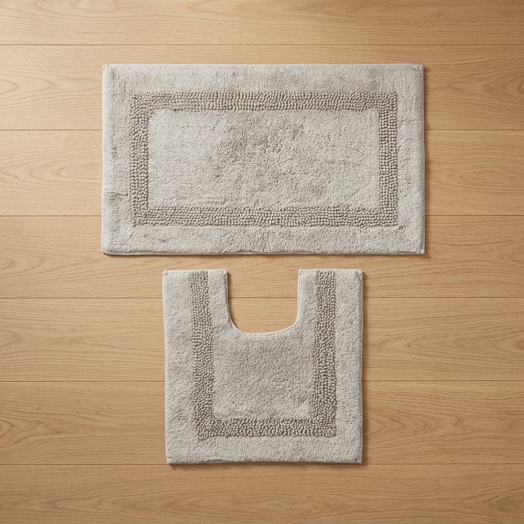 Silver Brillare cotton bath mat and pedestal mat laid flat on a light wooden floor showing loop and bobble pile with sparkle border trim Emma Barclay Panache Home