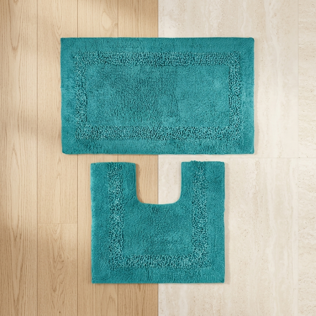 Overhead flat-lay of teal Brillare cotton bath mat placed above and pedestal mat placed below on a split-surface floor half light oak wood and half light stone tile both mats showing the full raised bobble sparkle border framing the soft loop pile centre toilet U-shaped cut-out clearly visible on pedestal mat 2-piece set Emma Barclay Panache Home