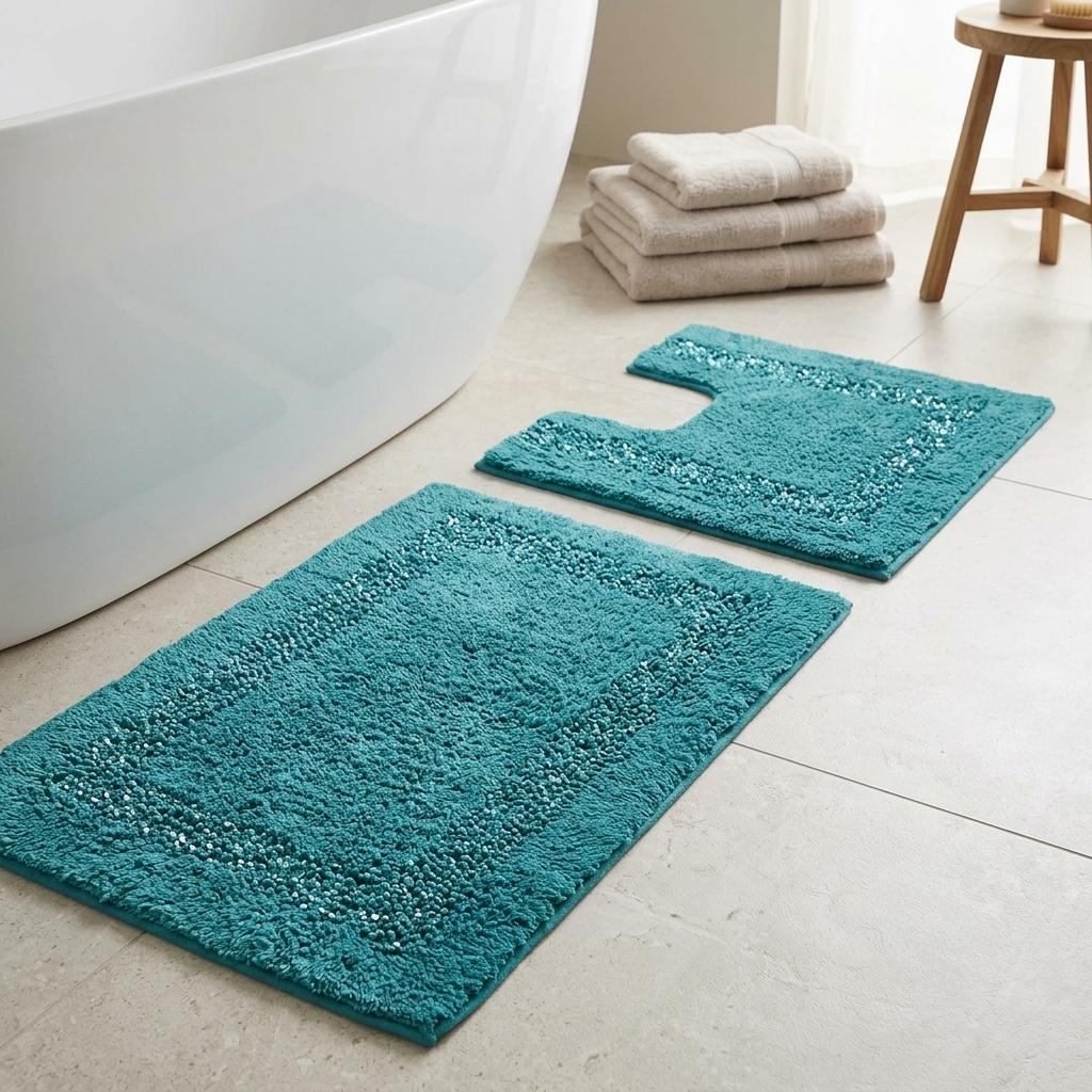 Teal Brillare cotton bath mat and pedestal mat arranged on a light stone-effect tiled bathroom floor beside a white freestanding oval bathtub both pieces showing the raised bobble sparkle border framing the soft loop pile centre stack of four folded cream towels in background beside a natural oak wooden stool Emma Barclay Panache Home