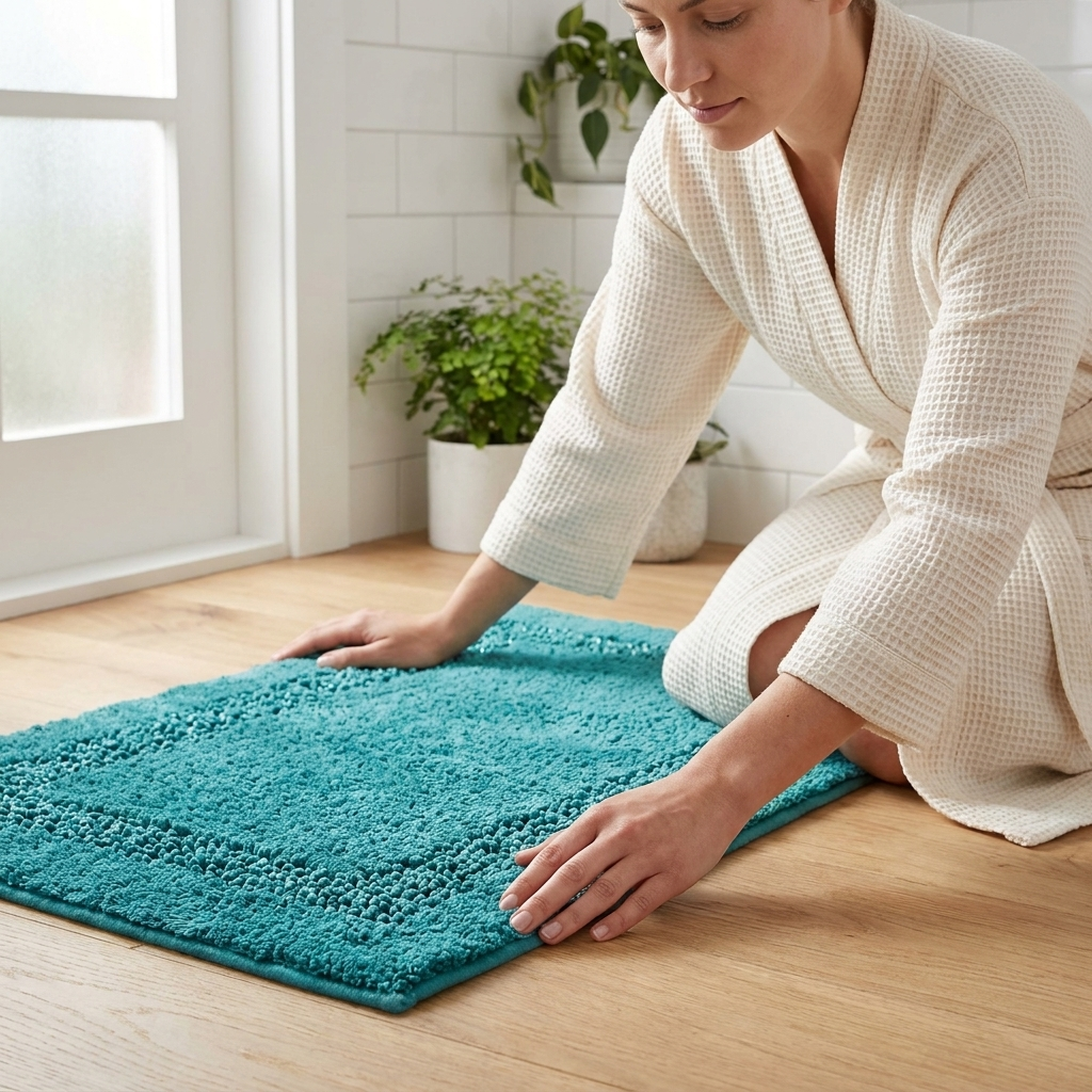 Woman in a cream waffle dressing gown kneeling and placing a teal Brillare cotton bath mat flat on a light wood bathroom floor both hands smoothing the mat surface showing the mixed loop pile and raised bobble sparkle border detail white tiled wall behind with a green leafy potted plant in a white pot and frosted window to the left Emma Barclay Panache Home