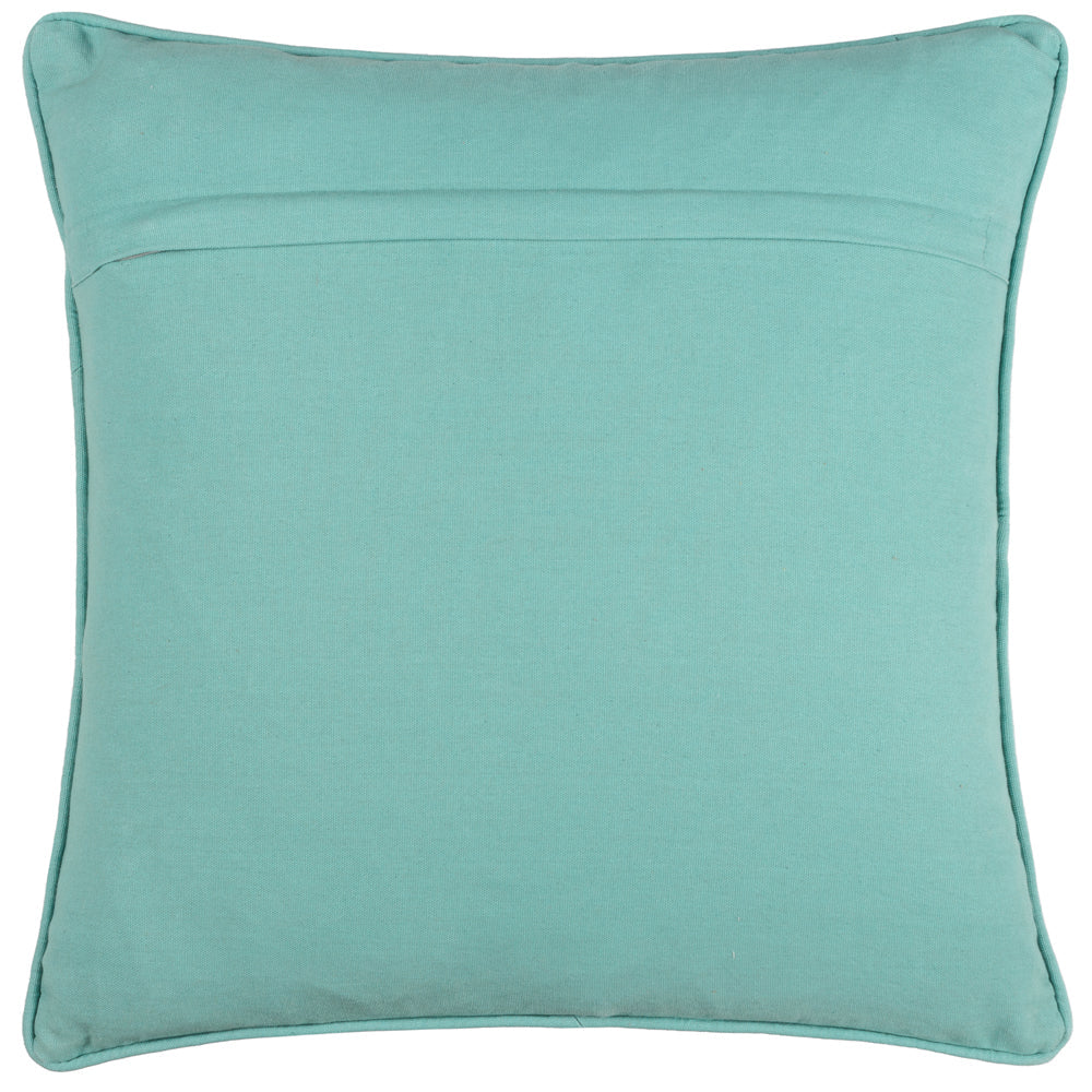 Plain teal cotton reverse side of the cushion with a concealed zip closure along the top edge, edged with matching teal piping – Kumperi