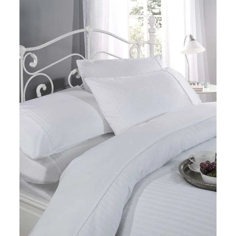 Close up of white 300 thread count cotton sateen stripe fabric texture finely embellished finish