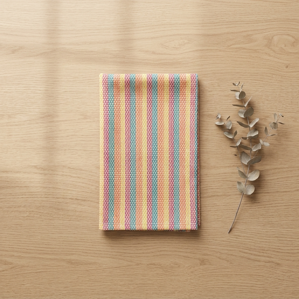 Single woven stripe kitchen towel folded flat on warm pale oak wood surface beside a dried eucalyptus sprig showing pastel multicolour vertical stripe pattern in pink orange yellow and mint tones overhead lifestyle shot Emma Barclay