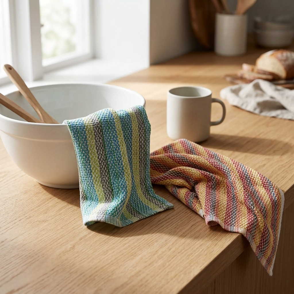 Blue and terracotta woven stripe kitchen towels draped over and beside a large white ceramic mixing bowl with wooden spoons on a warm oak kitchen counter with white mug and natural window light Emma Barclay