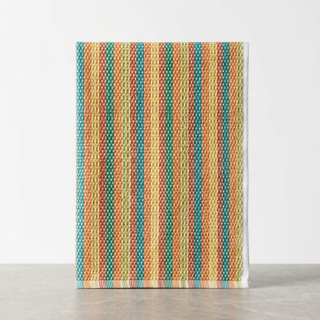 Single woven stripe kitchen towel standing upright on grey concrete surface against clean white background showing full vertical multicolour stripe pattern in orange teal yellow green and rust tones Emma Barclay